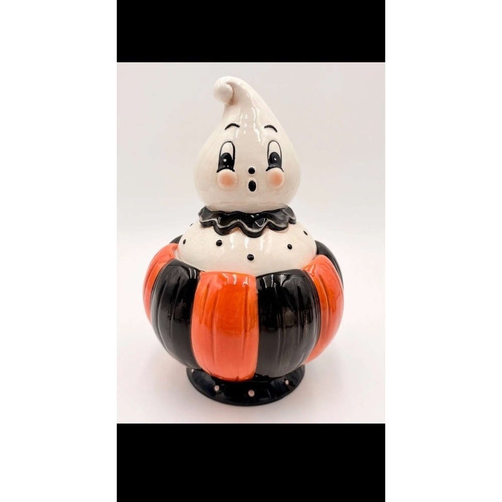 Johanna Parker Ceramic Ghost Pumpkin Candy Jar Halloween Decor Orange Black